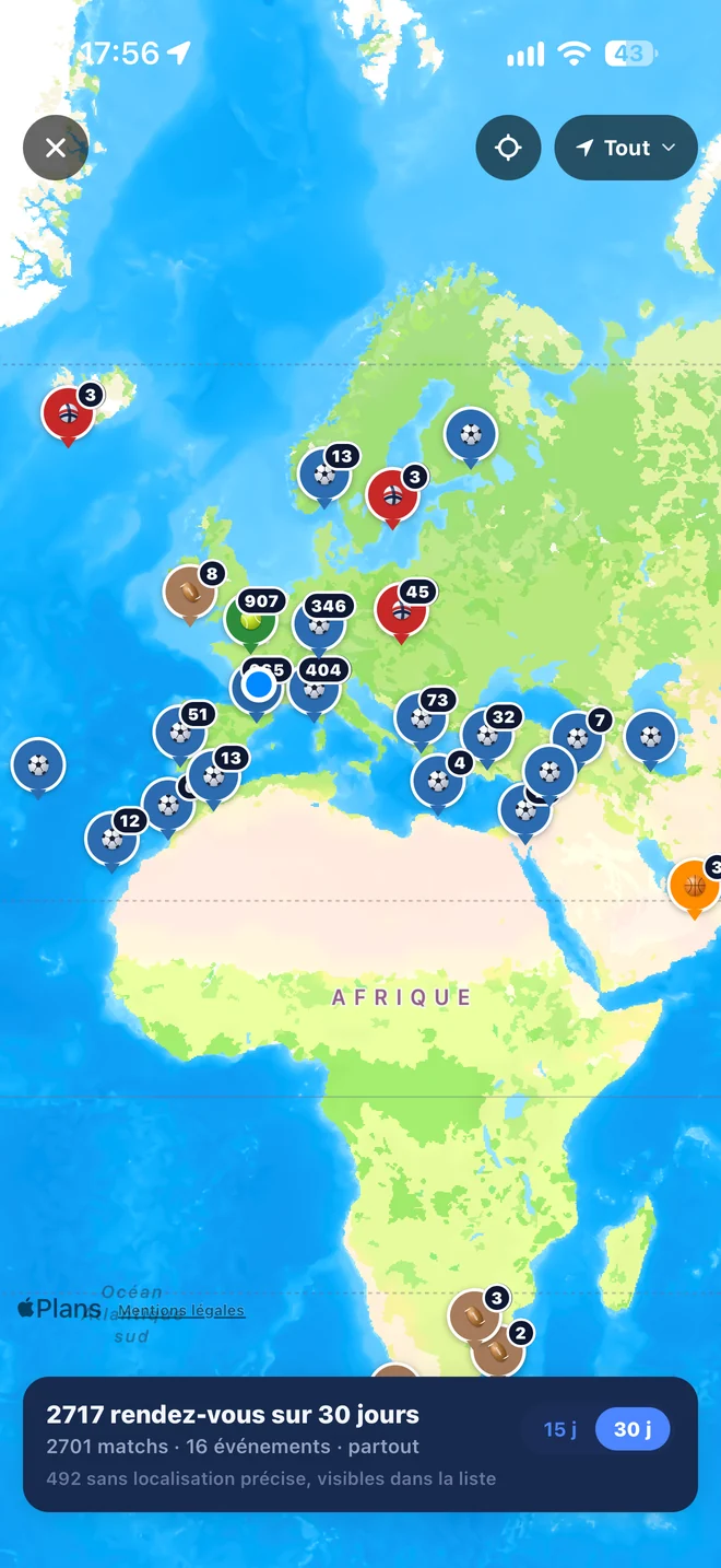 La carte des matchs autour de toi