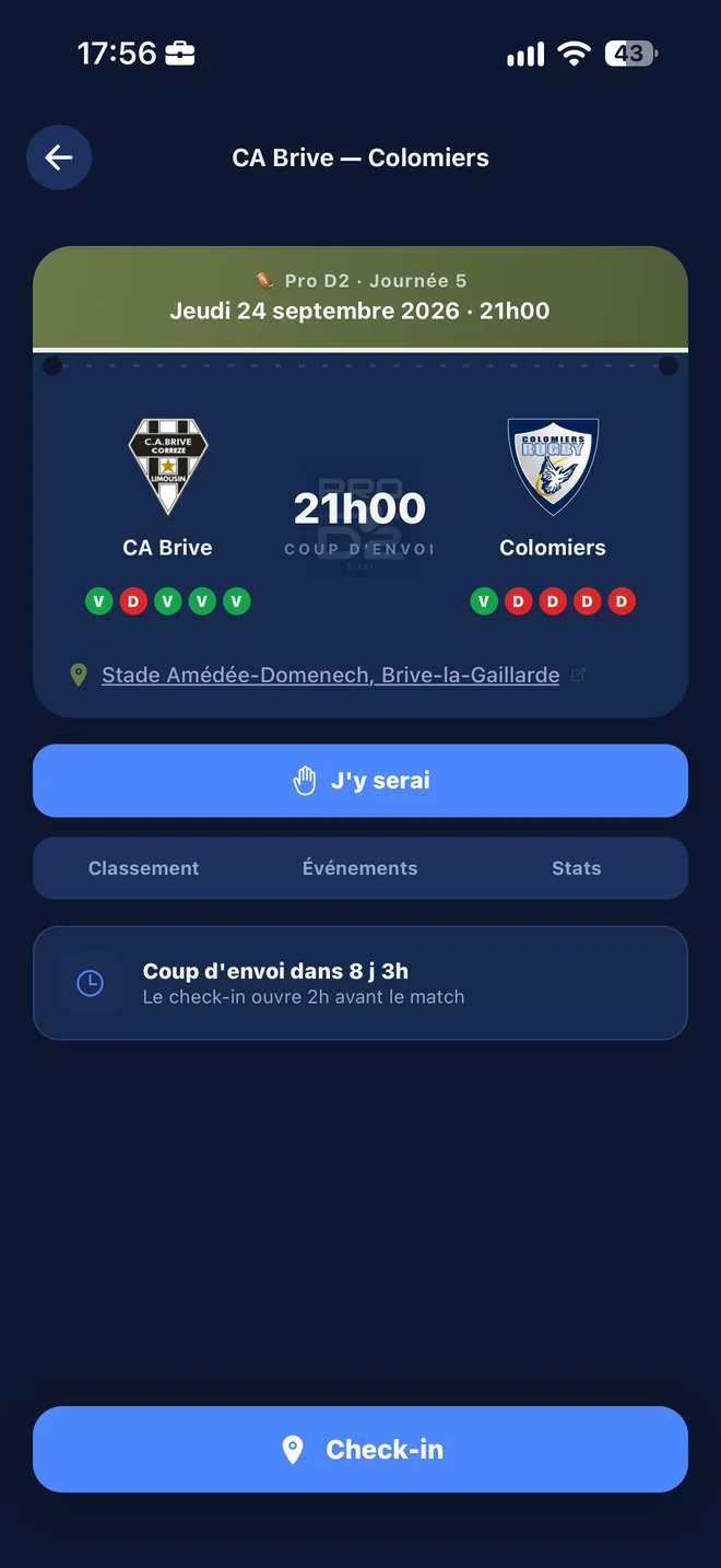 Fiche d'un match et bouton de check-in