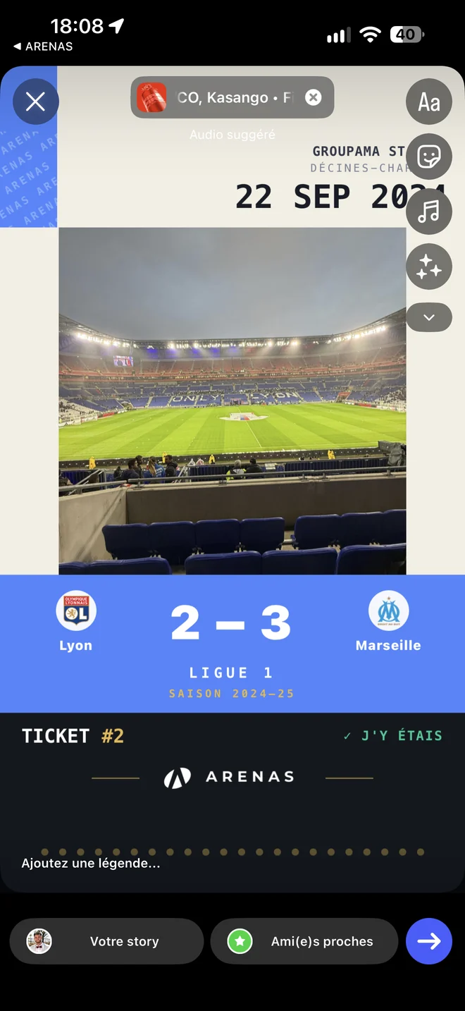 Billet ARENAS Lyon / Marseille, score 2-3, avec photo du stade dans l’éditeur de story Instagram
