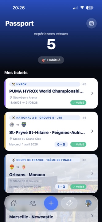 Écran ARENAS : le Passport qui regroupe tous tes matchs et événements